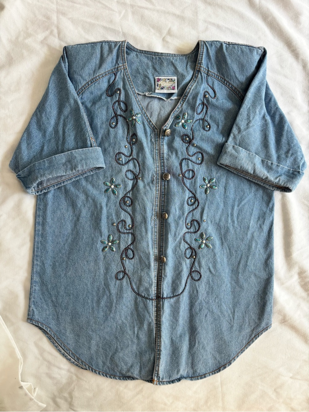 Vintage Monique Fashions Denim Shirt Size 8 Turquoise Embellished Western USA